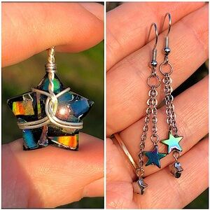 Wire Wrapped Multi Fire Opal Doublet Star Set Pendant Necklace Earrings Handmade